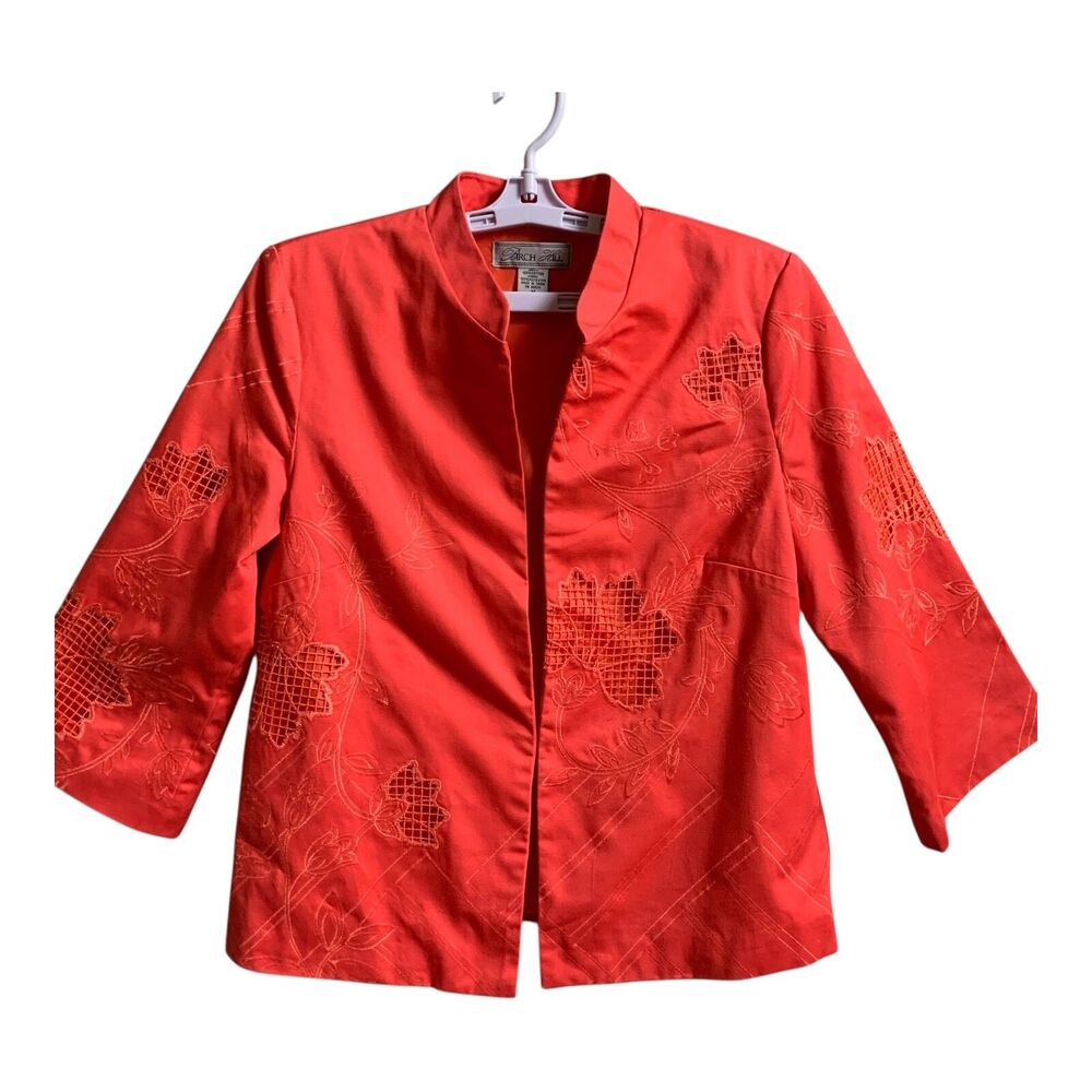 Birch Hill Jacket SZ MED Coral Orange Embroidered Tulips Cut Out Button Up